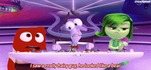 a cartoon character says " i saw a really hairy guy "