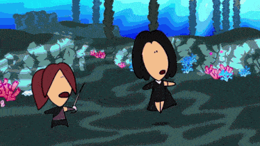 a cartoon drawing of a girl holding a sword and another girl holding a wand