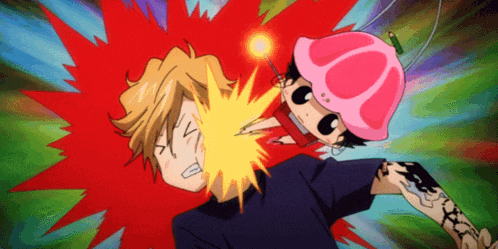 a cartoon character wearing a pink mushroom hat is being punched by another character