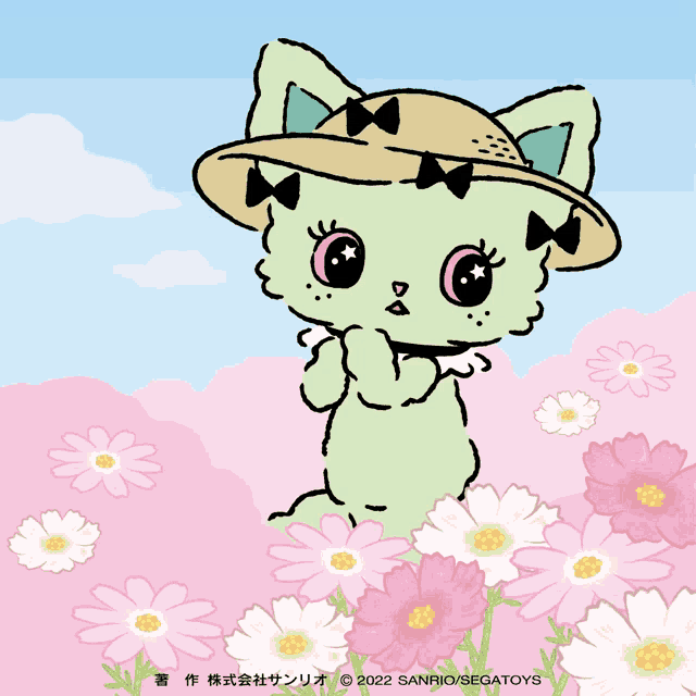 a drawing of a cat wearing a hat surrounded by flowers