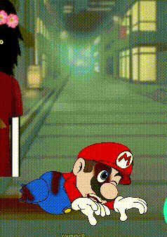 a cartoon of mario laying on the floor with blood on his pants