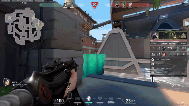 a person holding a gun in a video game with a score of 23