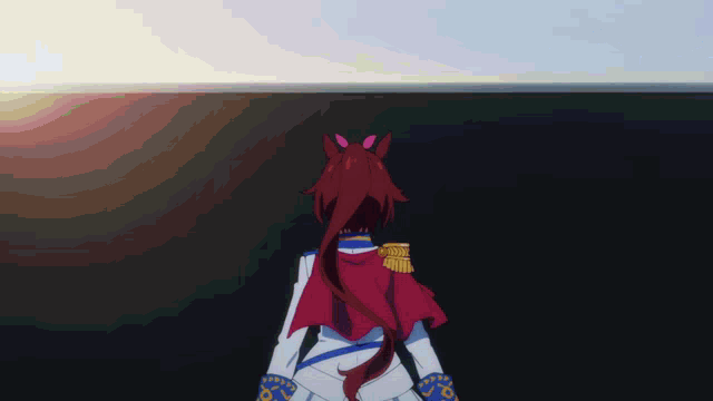 a horse with pink ears and a red cape is standing in front of a black wall
