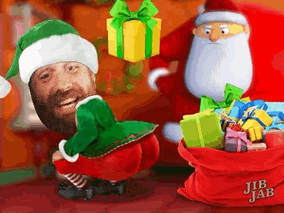 a cartoon of a man dressed as an elf next to a santa claus