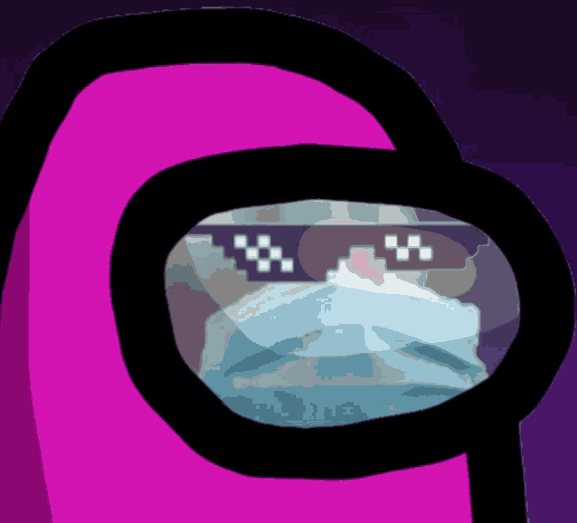a pink among us character wearing a face mask and sunglasses