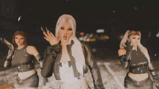 three women are standing next to each other and one of them is making a funny face