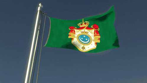 a green flag with a coat of arms on it is flying in the wind