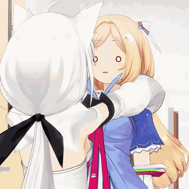 two anime characters are hugging each other with one making a funny face