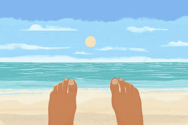 a cartoon of a person 's feet on a beach with the words vem ferias in white letters