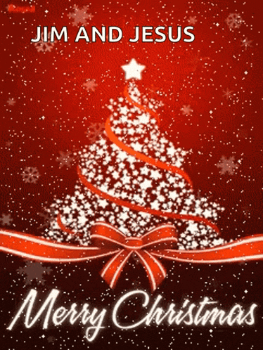 a christmas card with a christmas tree and the words jim and jesus