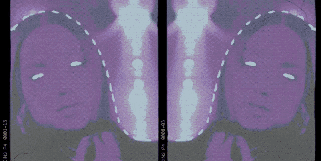 a man and a woman are standing next to each other in a dark room with purple lights behind them