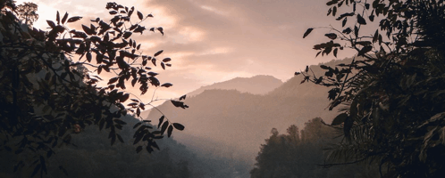 a sunset over a valley with trees and mountains in the background