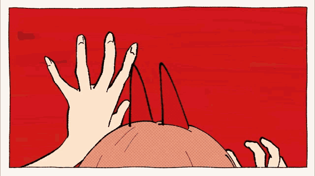 a cartoon drawing of a hand reaching out towards a person 's head