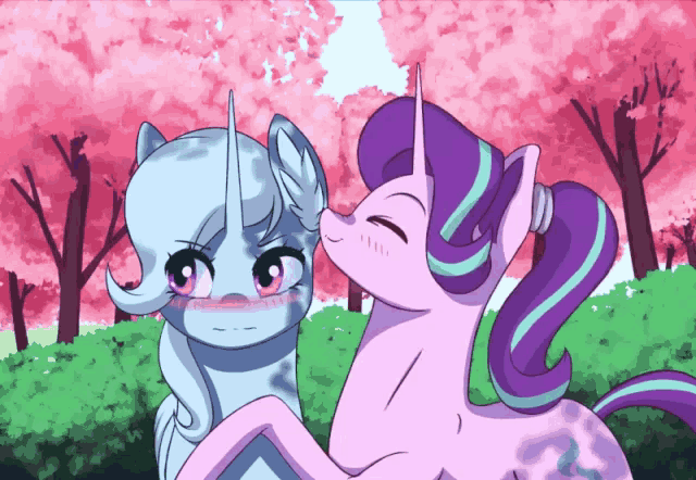 a drawing of two ponies standing next to each other with trees in the background