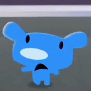 a blue cartoon bear with a white nose and black eyes