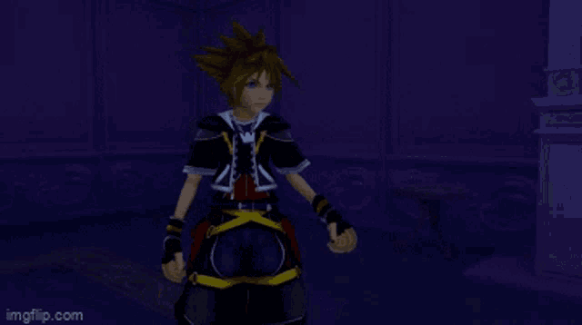 sora from kingdom hearts gives a thumbs up in a dark room