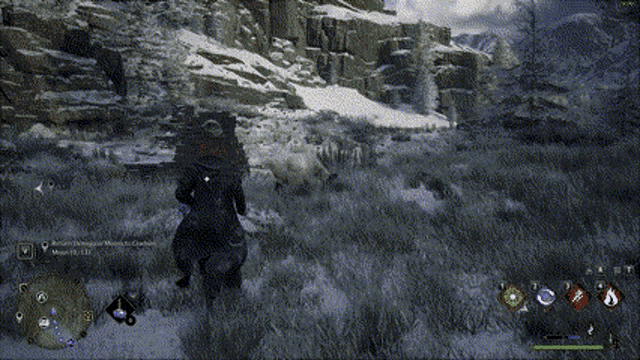 a screenshot of a video game with a person standing in the snow