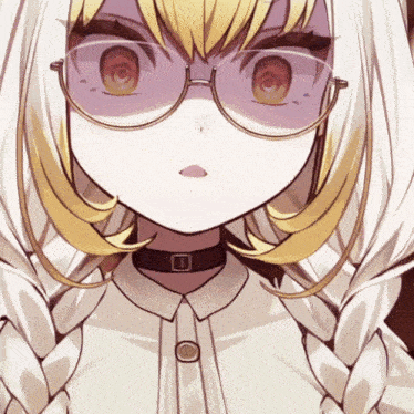 a close up of a girl with glasses and a choker around her neck