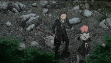 a man and a girl are standing in a rocky area with a man holding a sword