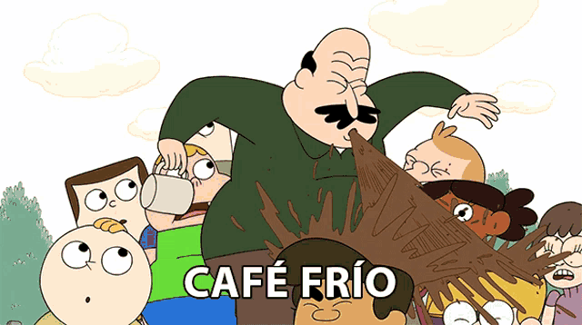 a group of cartoon characters are gathered around a man with a mustache named cafe frio
