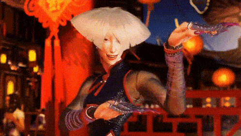 a woman with white hair is dancing in front of a chinese lantern