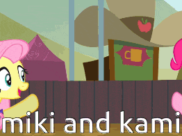 a cartoon of pinkie pie and miki with the words miki and kami below them