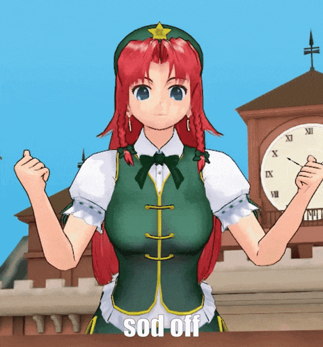 a girl with red hair is standing in front of a clock with the words sod off written on the bottom