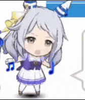 a cartoon girl with gray hair and a purple dress is standing next to a speech bubble in a video game .
