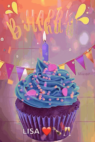a purple cupcake with blue frosting and a candle that says lisa on it