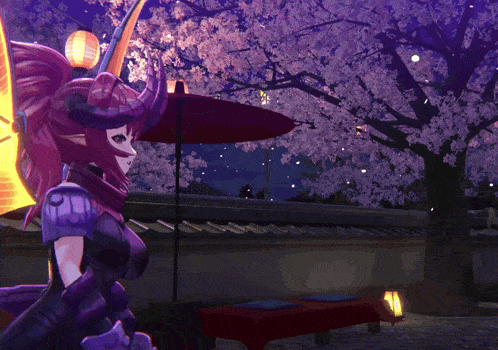 a cartoon character stands in front of a cherry blossom tree at night