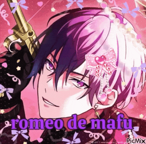 a purple haired anime character with the name romeo de mafu on the bottom