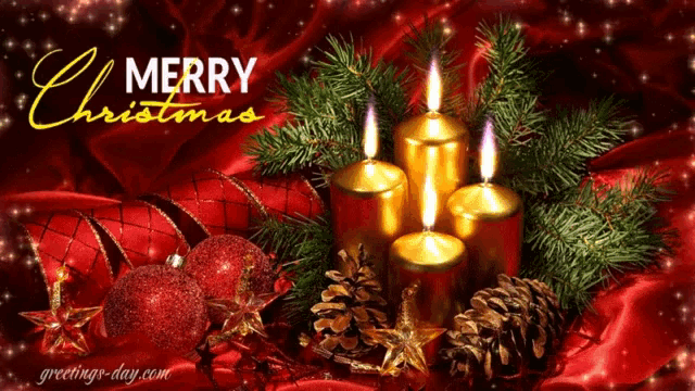 a merry christmas greeting card with candles pine cones and red balls