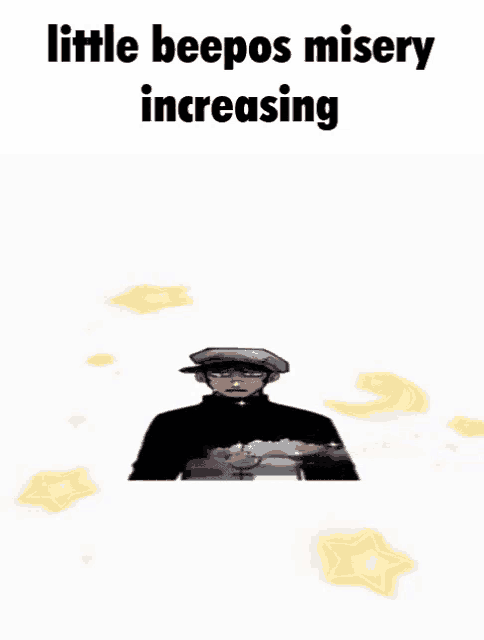 a man in a hat is standing in front of a white background with the words `` little beeps misery increasing '' .