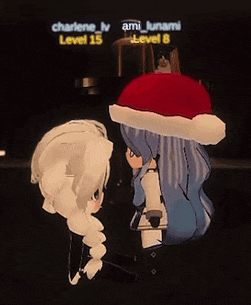 two anime girls wearing santa hats are standing next to each other in a video game