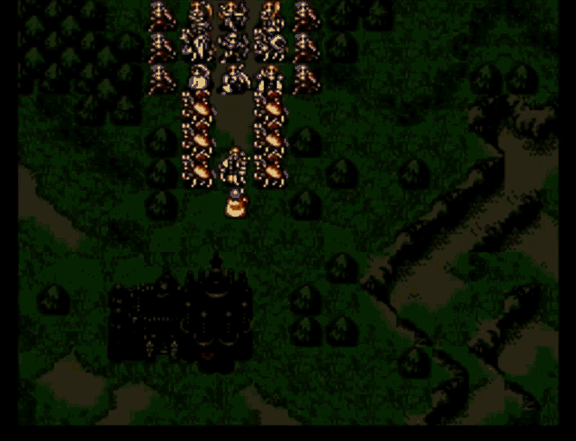 a video game screen shows a group of soldiers standing in a forest