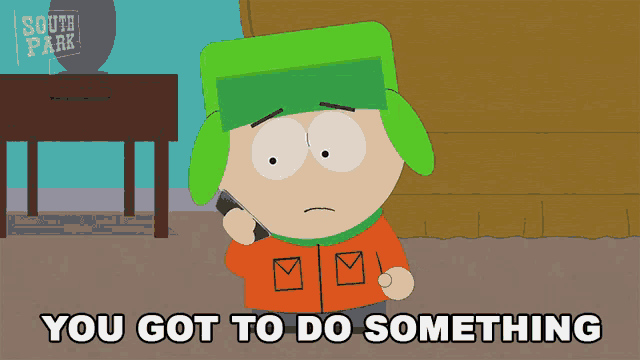 a south park character talking on a cell phone