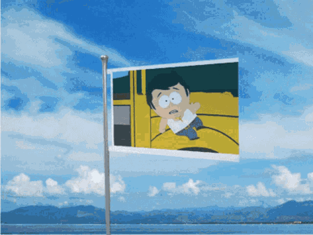 a south park flag with a picture of randy south park on it