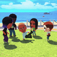 a group of cartoon characters are playing a game on the grass