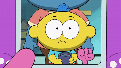 a cartoon character holding a cup with a fist in front of him