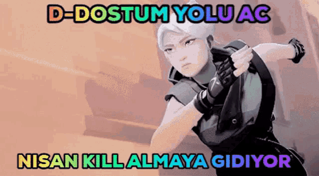 a cartoon character is holding a gun and the words d-dostum yolu ac nisan kill almaya gidiyor