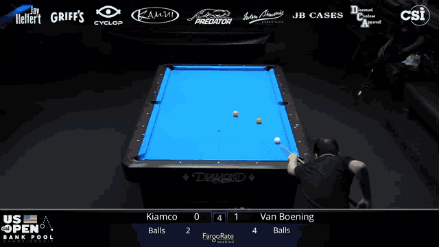 a pool table with a blue cloth and a man playing pool