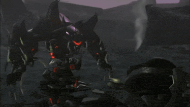 a robot with a purple light on its head is standing in the dirt