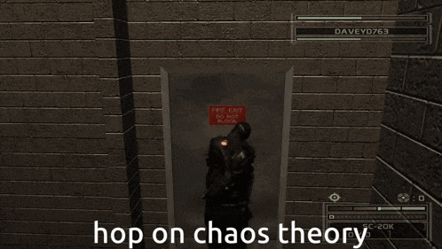 a screenshot of a video game with the words hop on chaos theory at the bottom