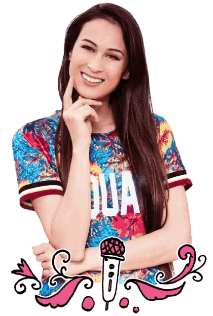 a woman wearing a shirt that says dua is smiling
