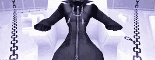 a cartoon character is standing in a room with chains around his arms and a zipper on his jacket .