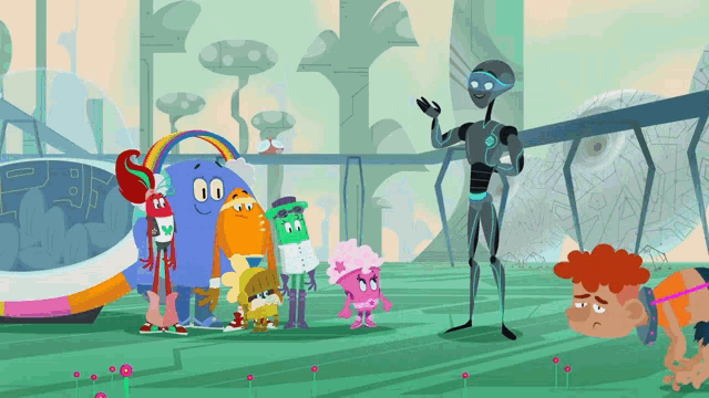 a group of cartoon characters standing next to each other with a robot in the middle