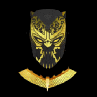 a black and gold mask with a gold necklace