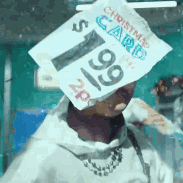 a person with a sign on their head that says christmas card for $ 19.99