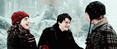 harry potter , hermione granger and ron weasley are standing in the snow talking to each other .