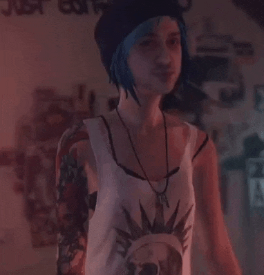 a woman with blue hair and a tattoo on her arm is standing in a room in a video game .